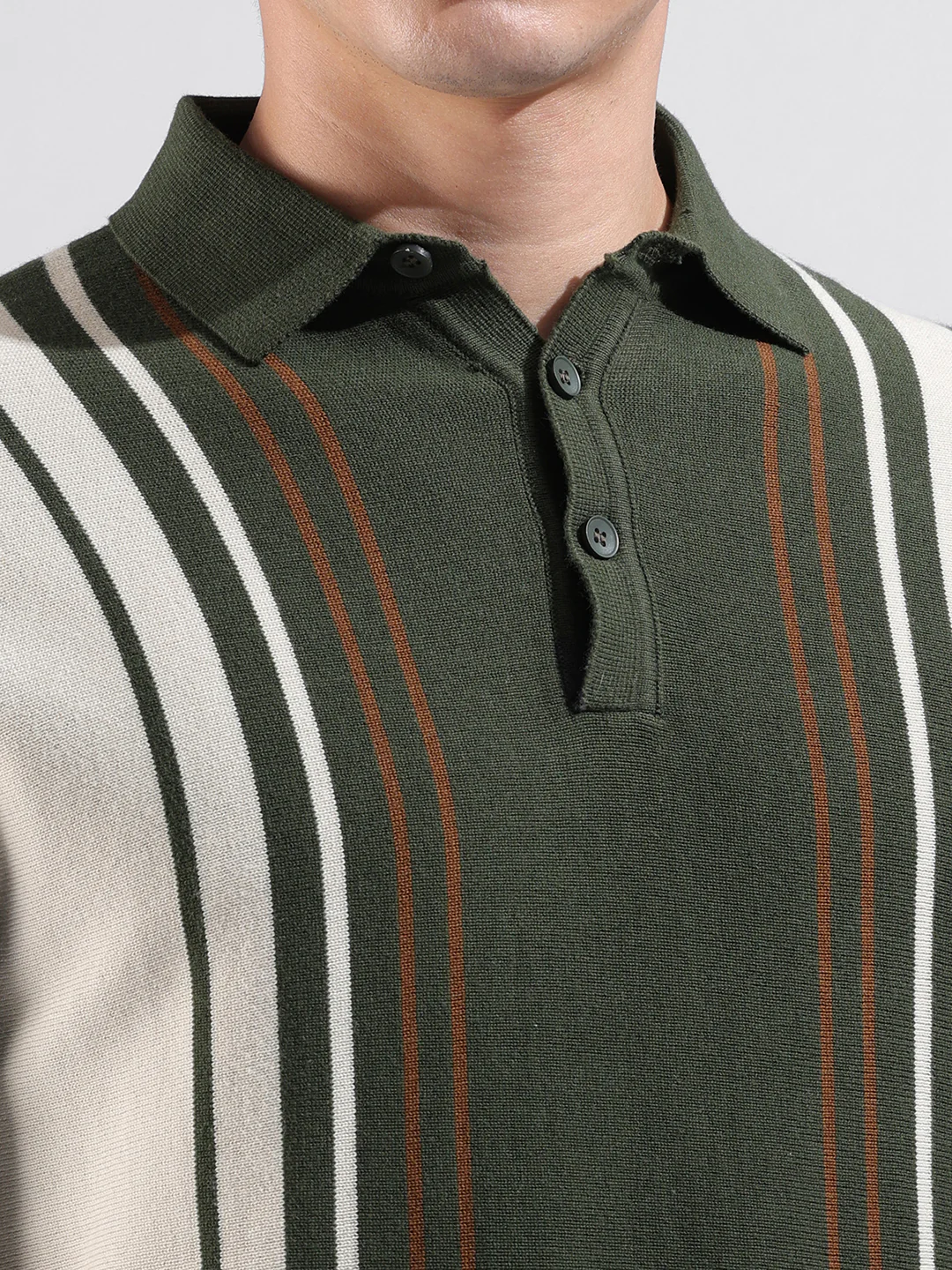 Men's Green Slim Fit Striped Flat Knit T-Shirt - Image 3