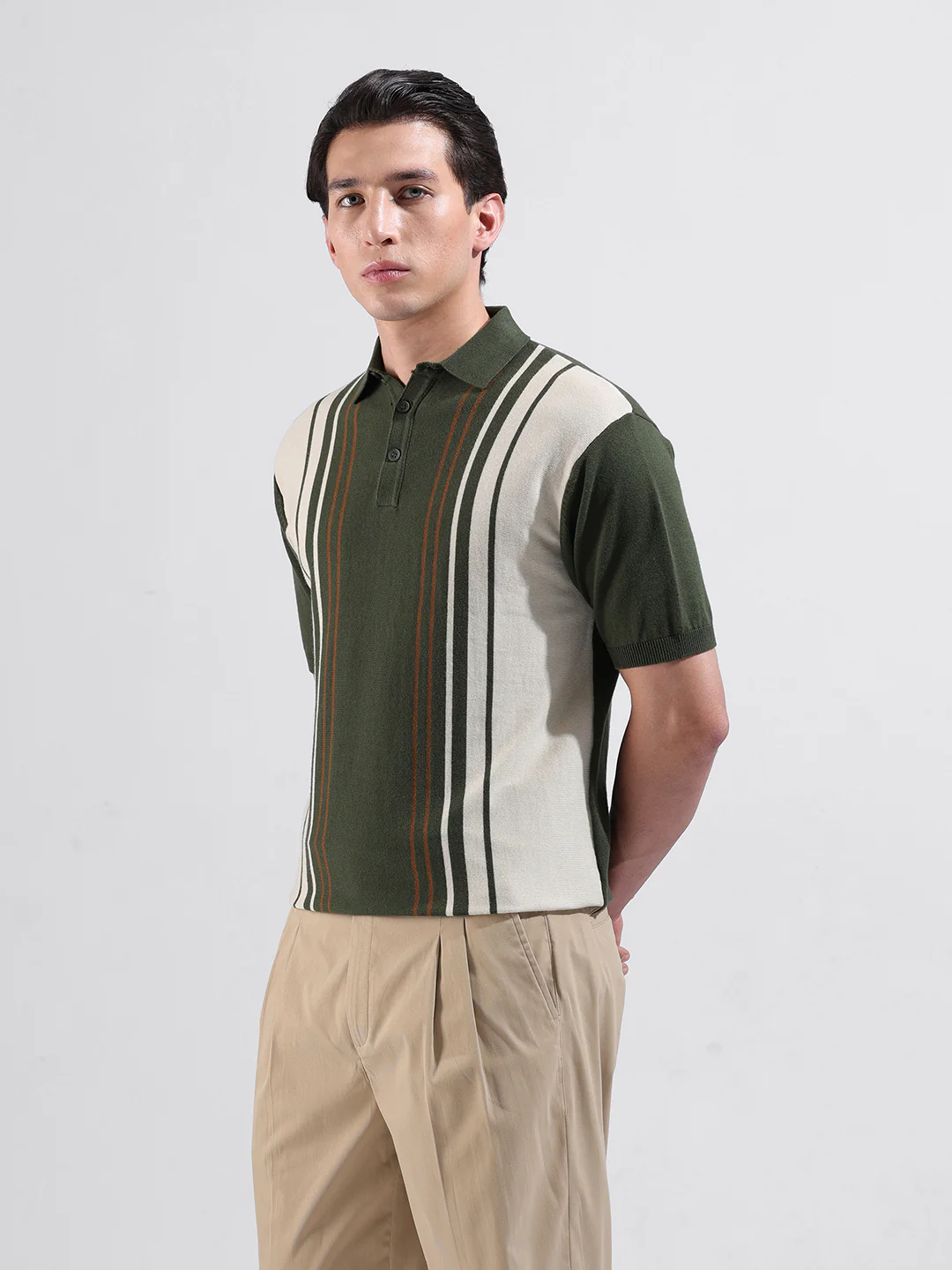 Men's Green Slim Fit Striped Flat Knit T-Shirt - Image 4