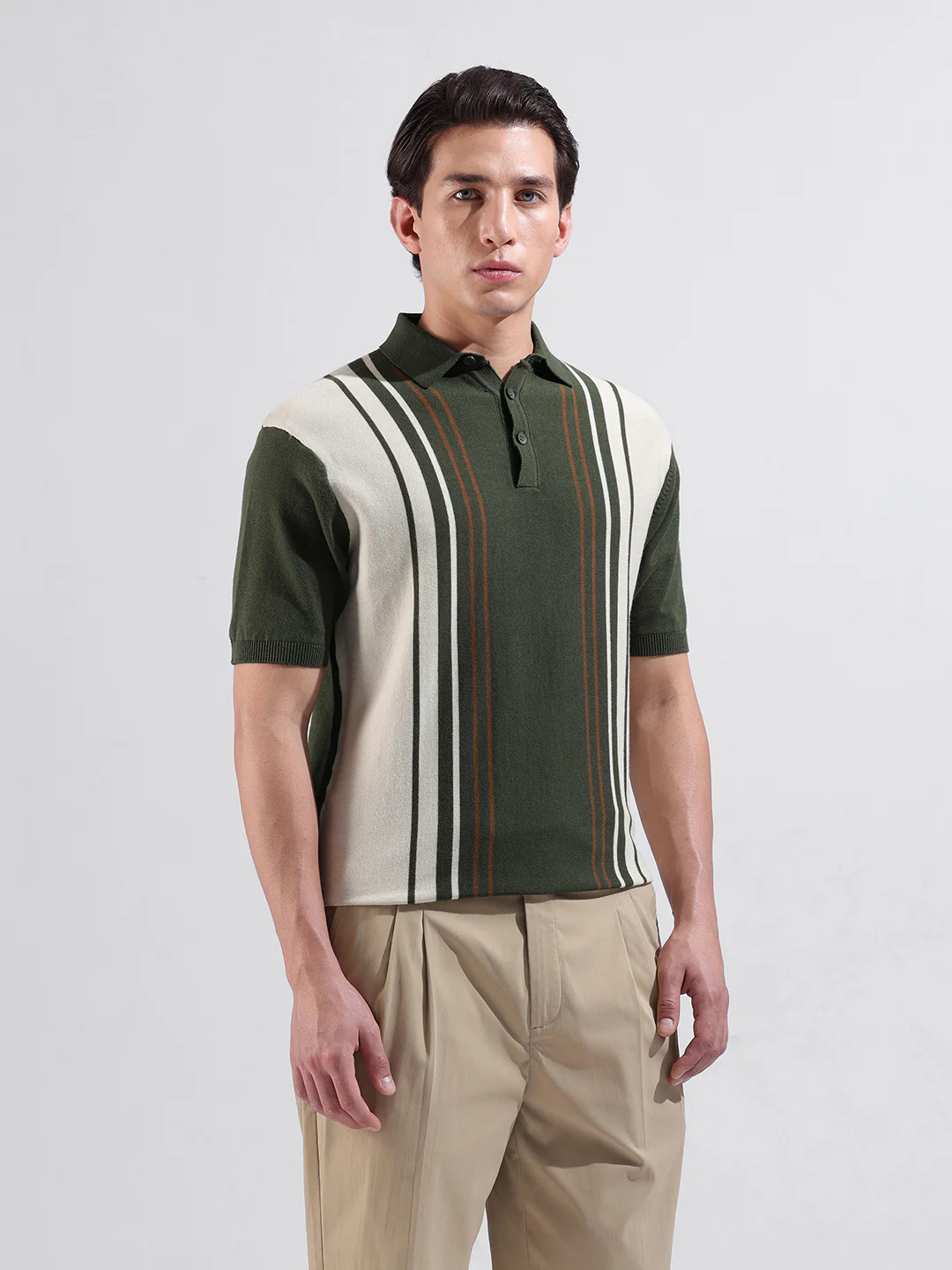 Men's Green Slim Fit Striped Flat Knit T-Shirt - Image 5