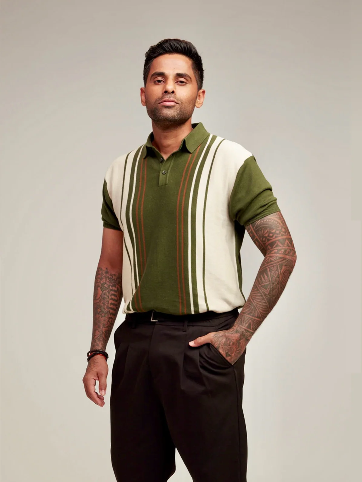 Men's Green Slim Fit Striped Flat Knit T-Shirt - Image 7