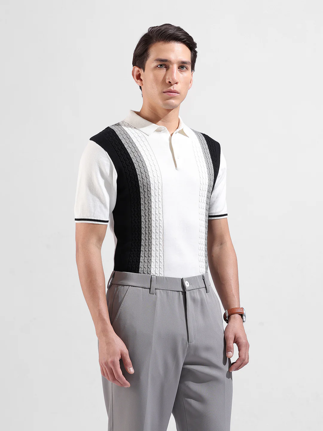 Men's White Slim Fit Striped Flat Knit T-Shirt - Image 2