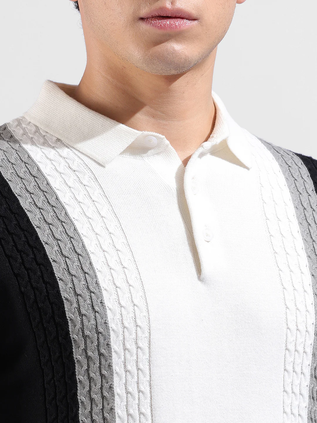 Men's White Slim Fit Striped Flat Knit T-Shirt - Image 3