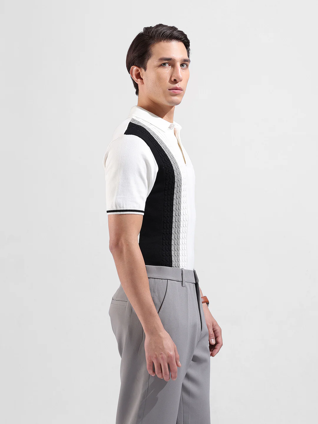 Men's White Slim Fit Striped Flat Knit T-Shirt - Image 4