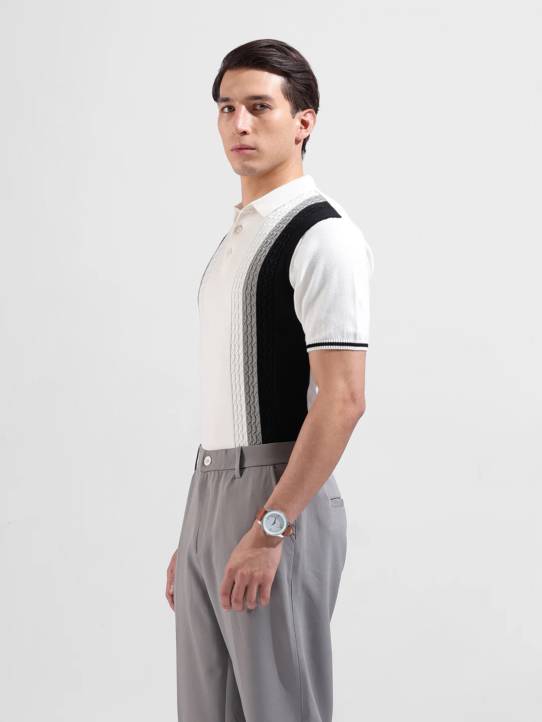 Men's White Slim Fit Striped Flat Knit T-Shirt - Image 5