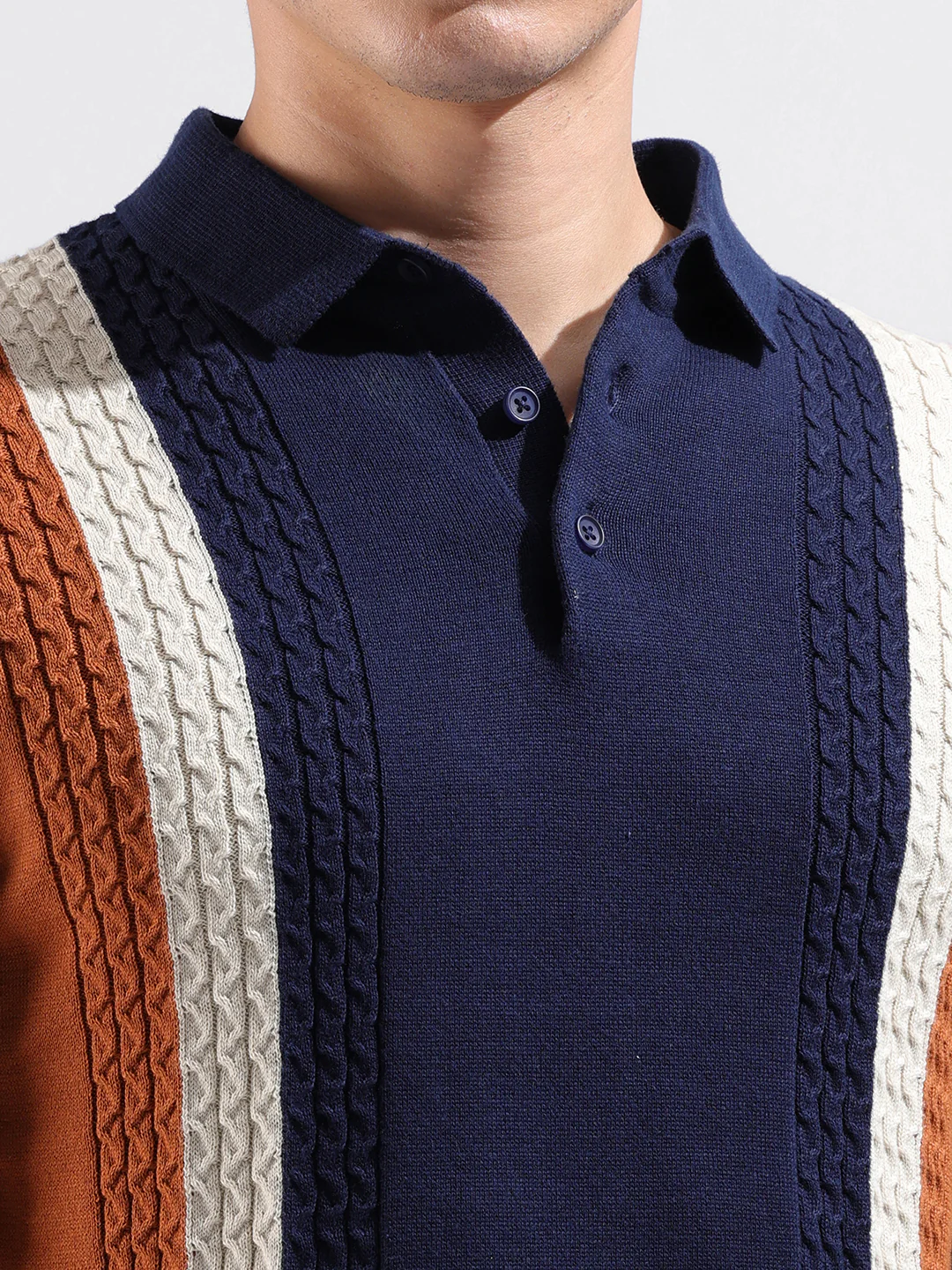Men's Blue Slim Fit Striped Flat Knit T-Shirt - Image 3