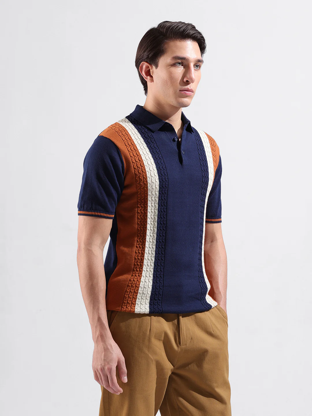 Men's Blue Slim Fit Striped Flat Knit T-Shirt - Image 4