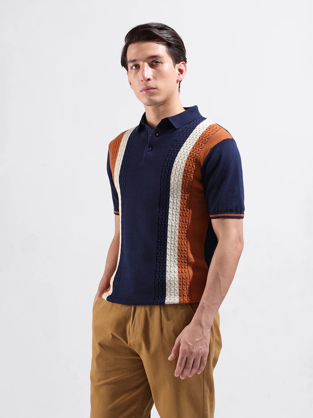 Men's Blue Slim Fit Striped Flat Knit T-Shirt - Image 5