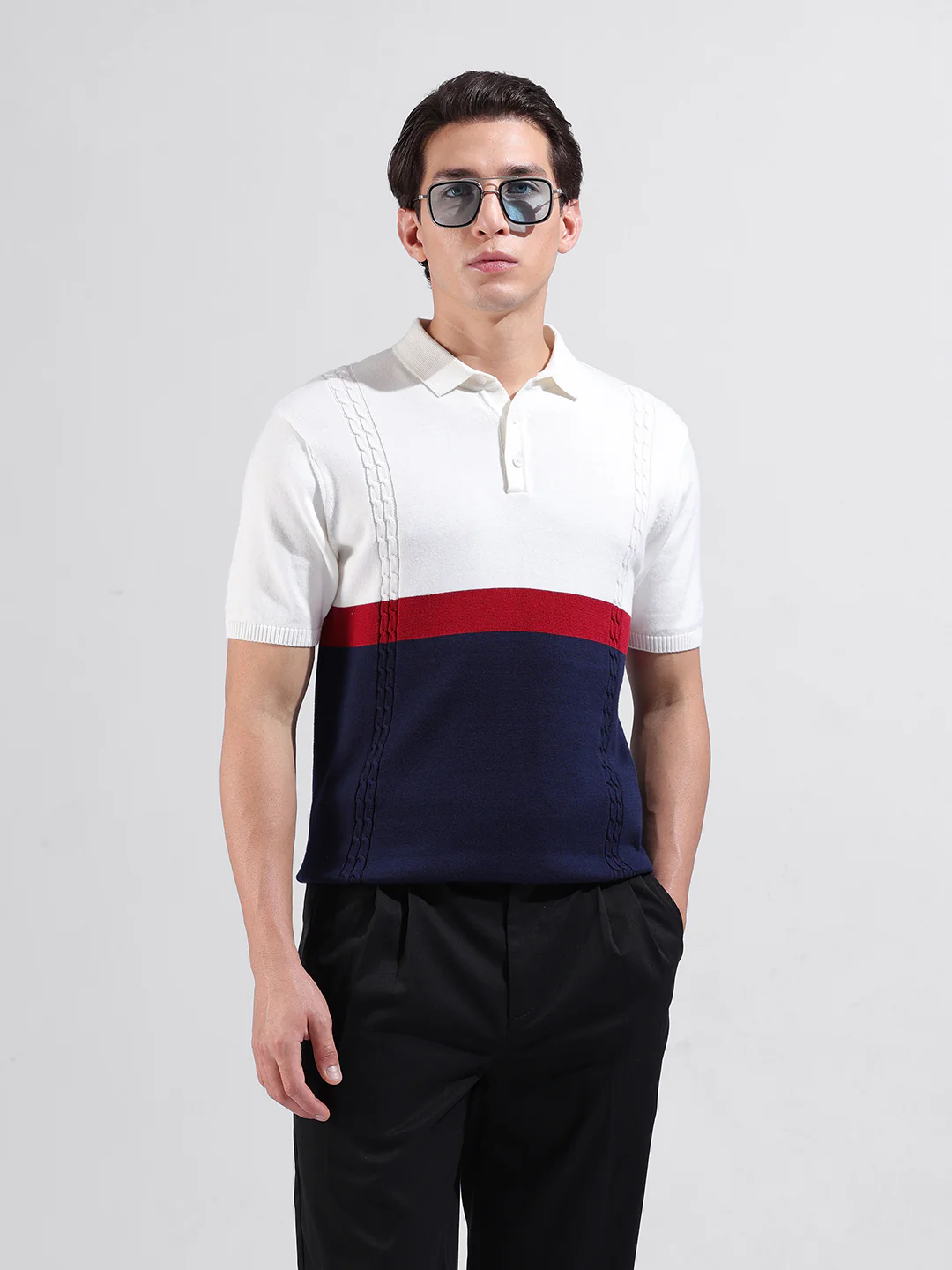 Men's White Slim Fit Colourblocked Flat Knit T-Shirt - Image 2