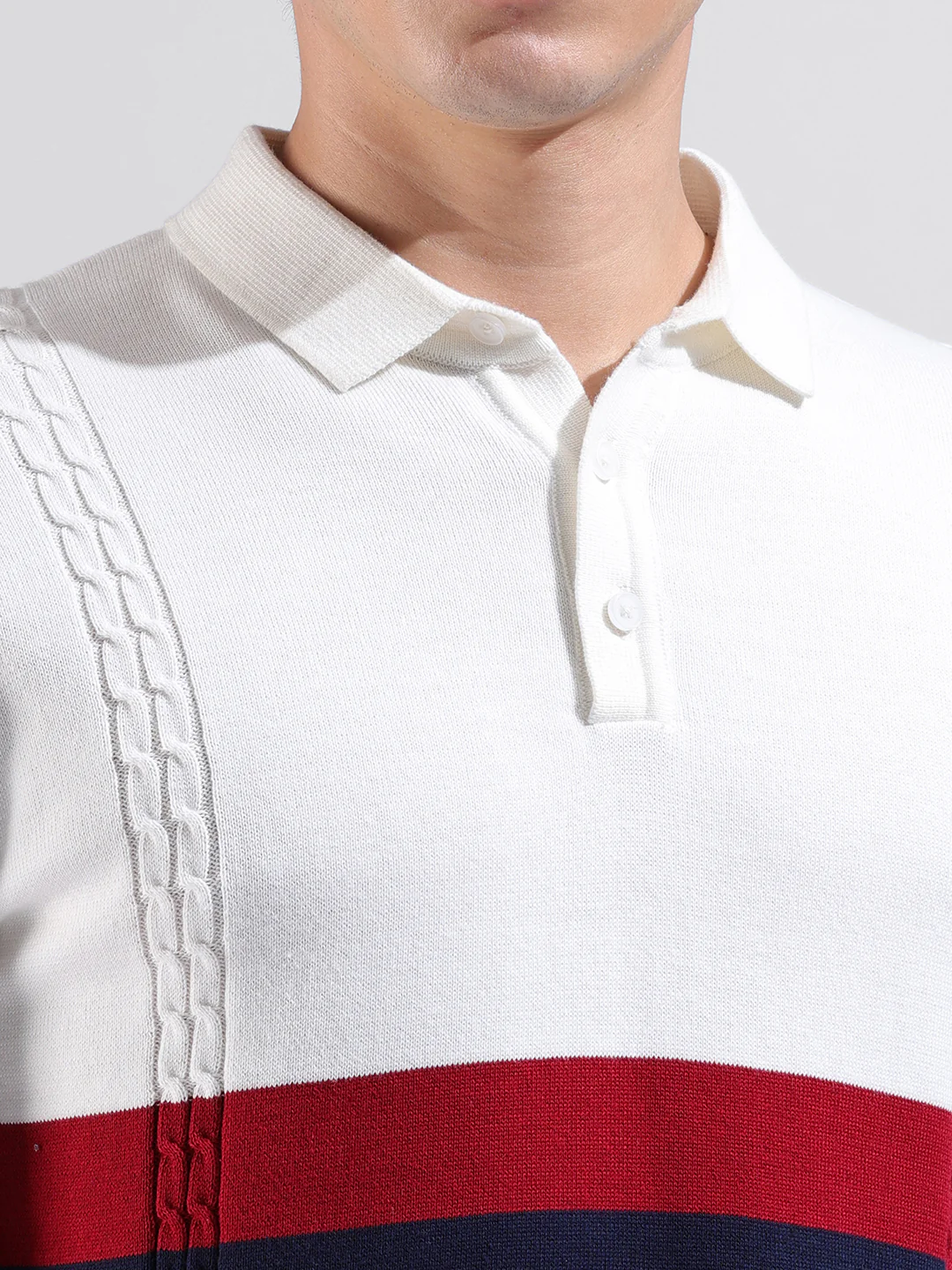 Men's White Slim Fit Colourblocked Flat Knit T-Shirt - Image 3