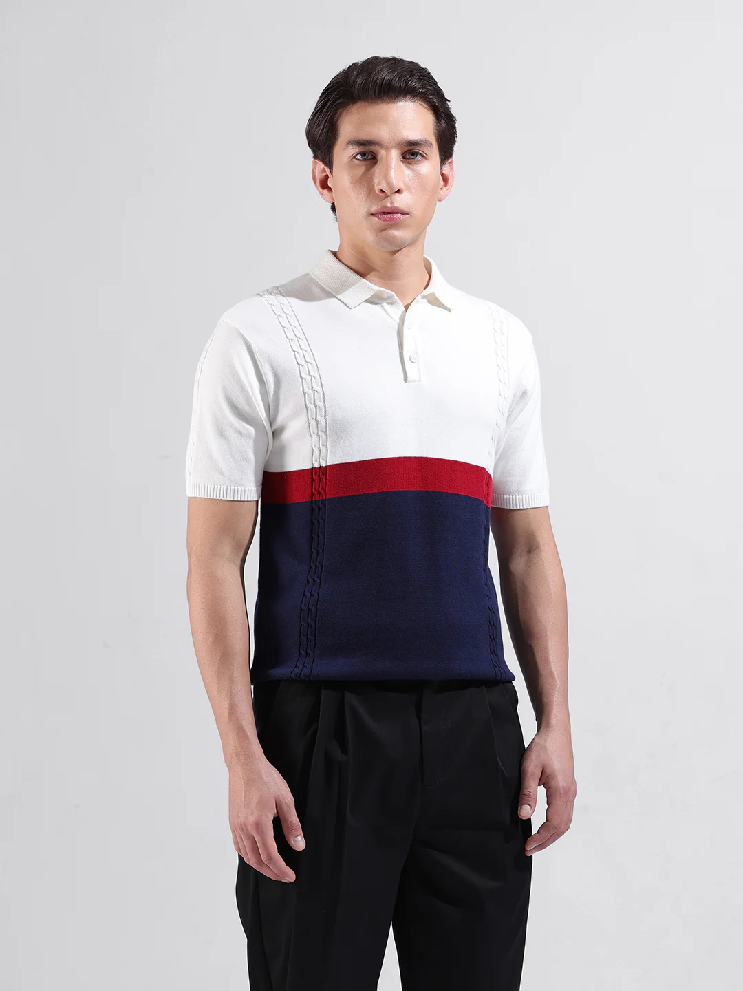 Men's White Slim Fit Colourblocked Flat Knit T-Shirt - Image 5