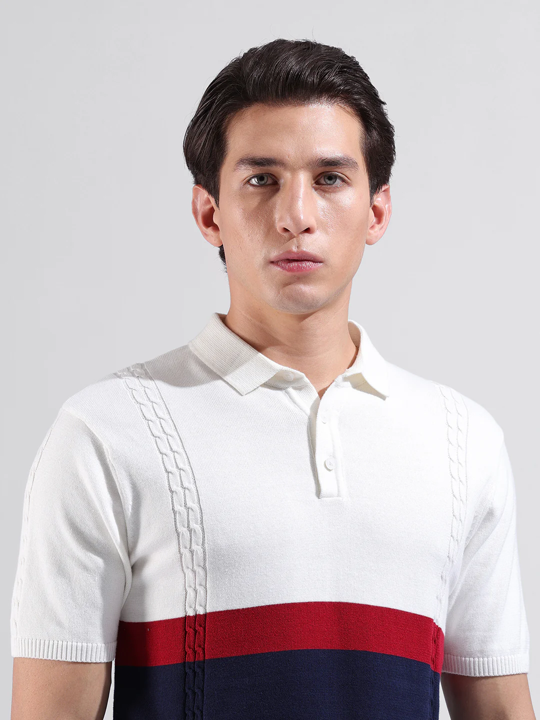 Men's White Slim Fit Colourblocked Flat Knit T-Shirt - Image 6