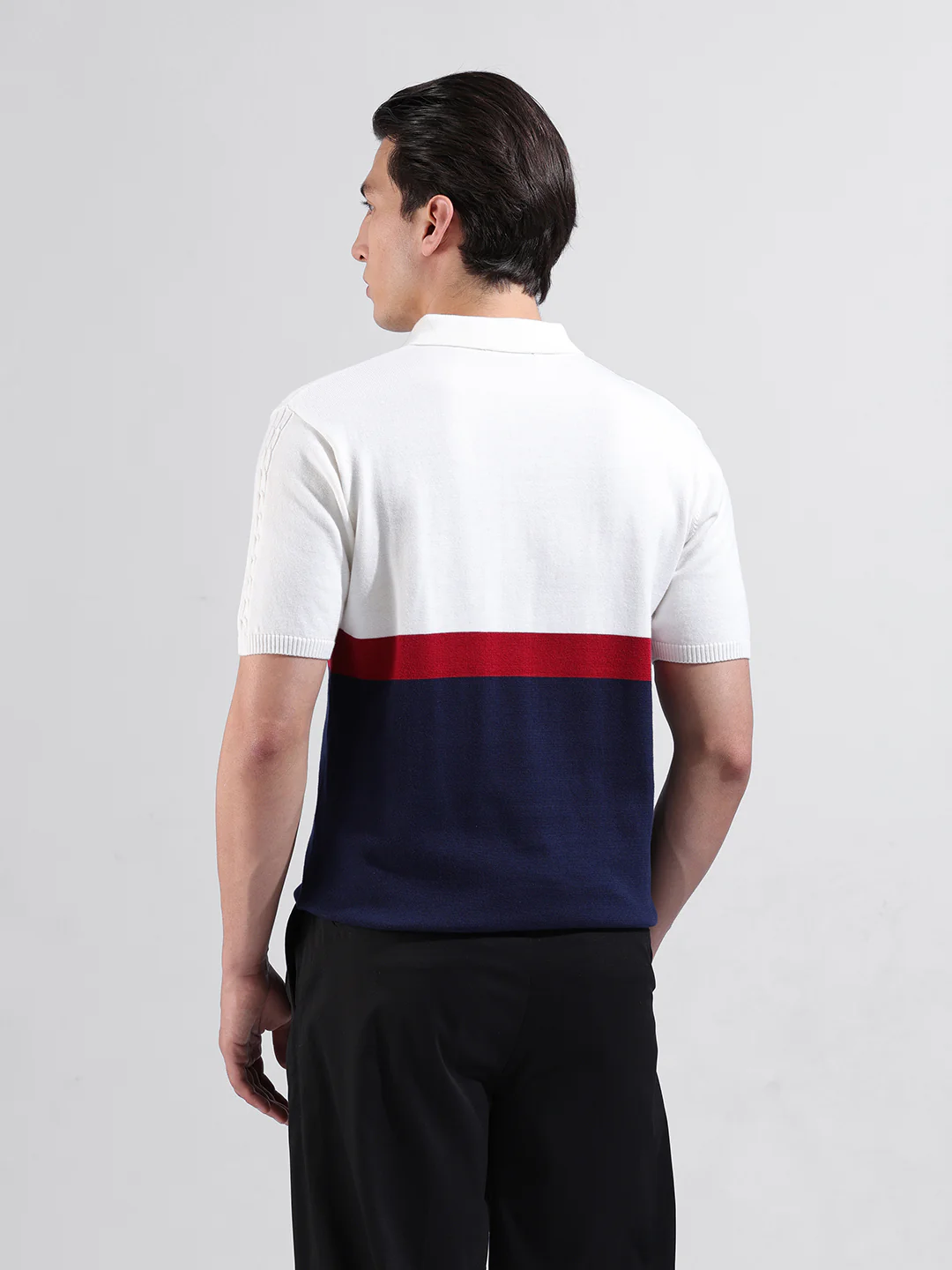 Men's White Slim Fit Colourblocked Flat Knit T-Shirt - Image 7