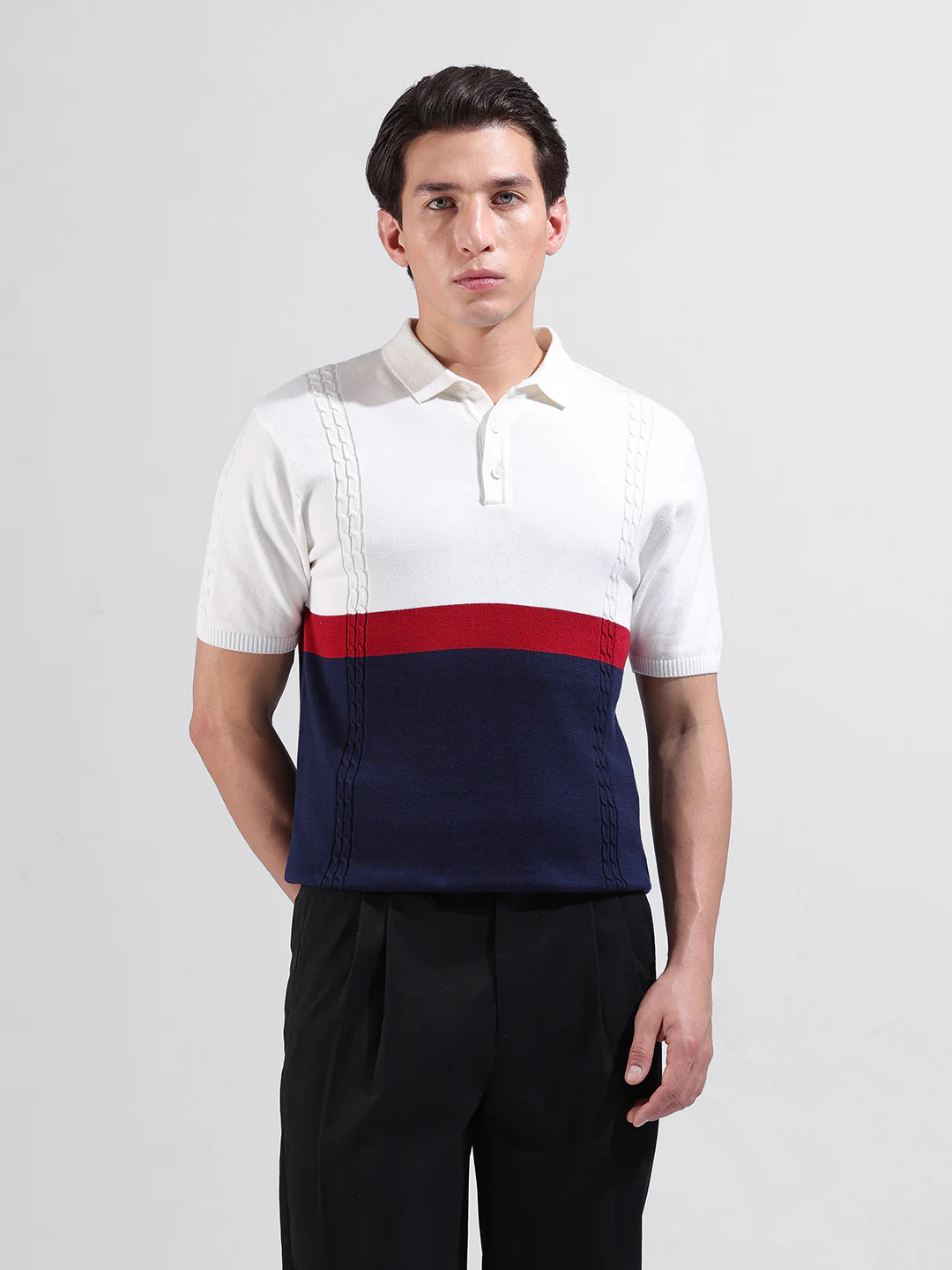 Men's White Slim Fit Colourblocked Flat Knit T-Shirt - Image 9