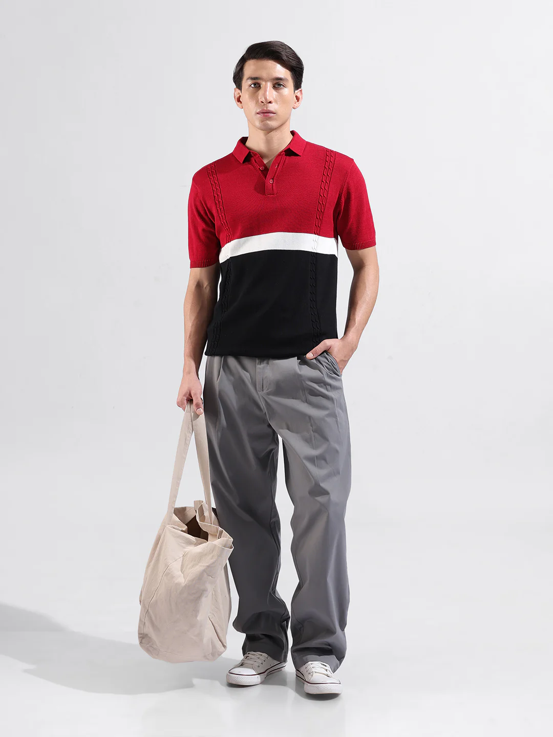 Men's Red Slim Fit Colourblocked Flat Knit T-Shirt - Image 6