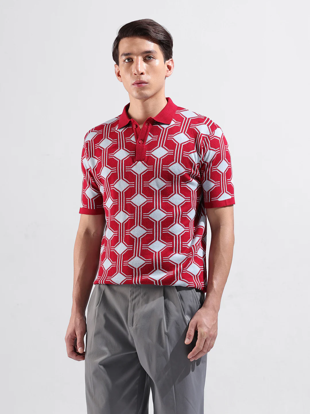 Men's Red Slim Fit Printed Flat Knit T-Shirt - Image 2