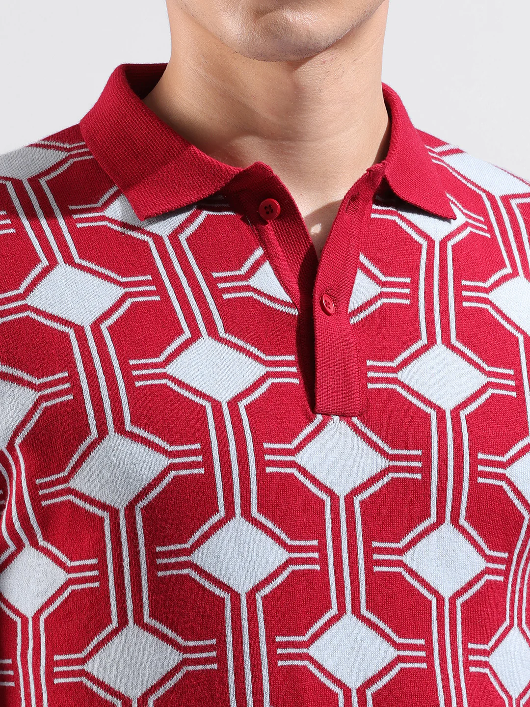 Men's Red Slim Fit Printed Flat Knit T-Shirt - Image 3