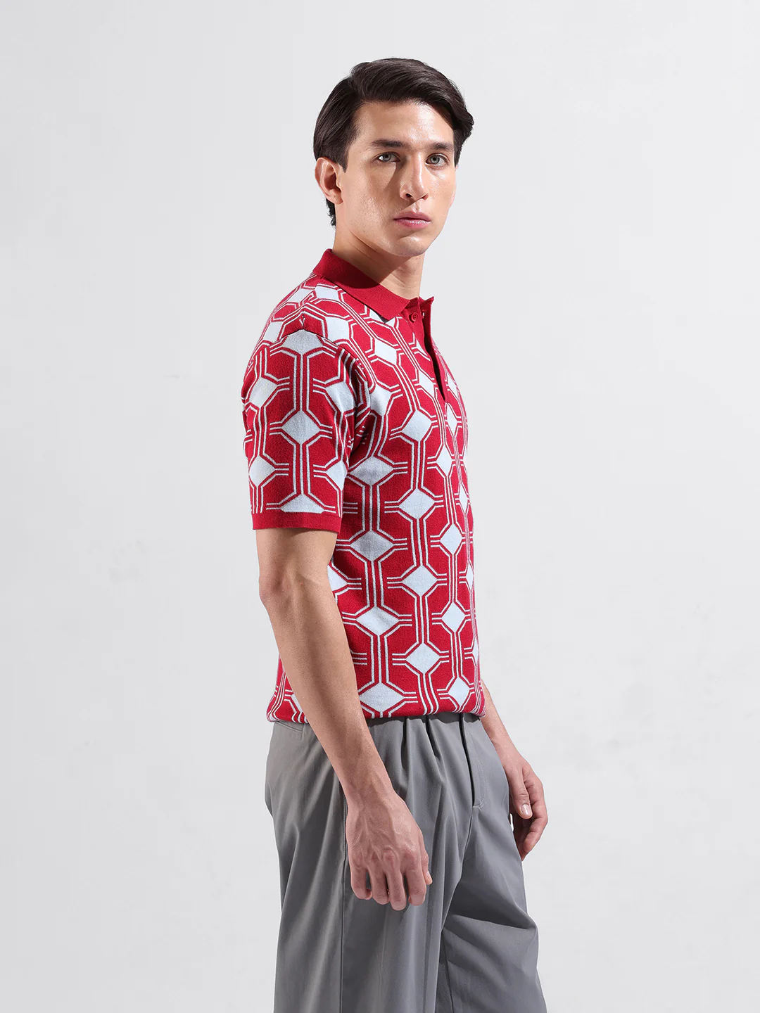Men's Red Slim Fit Printed Flat Knit T-Shirt - Image 4