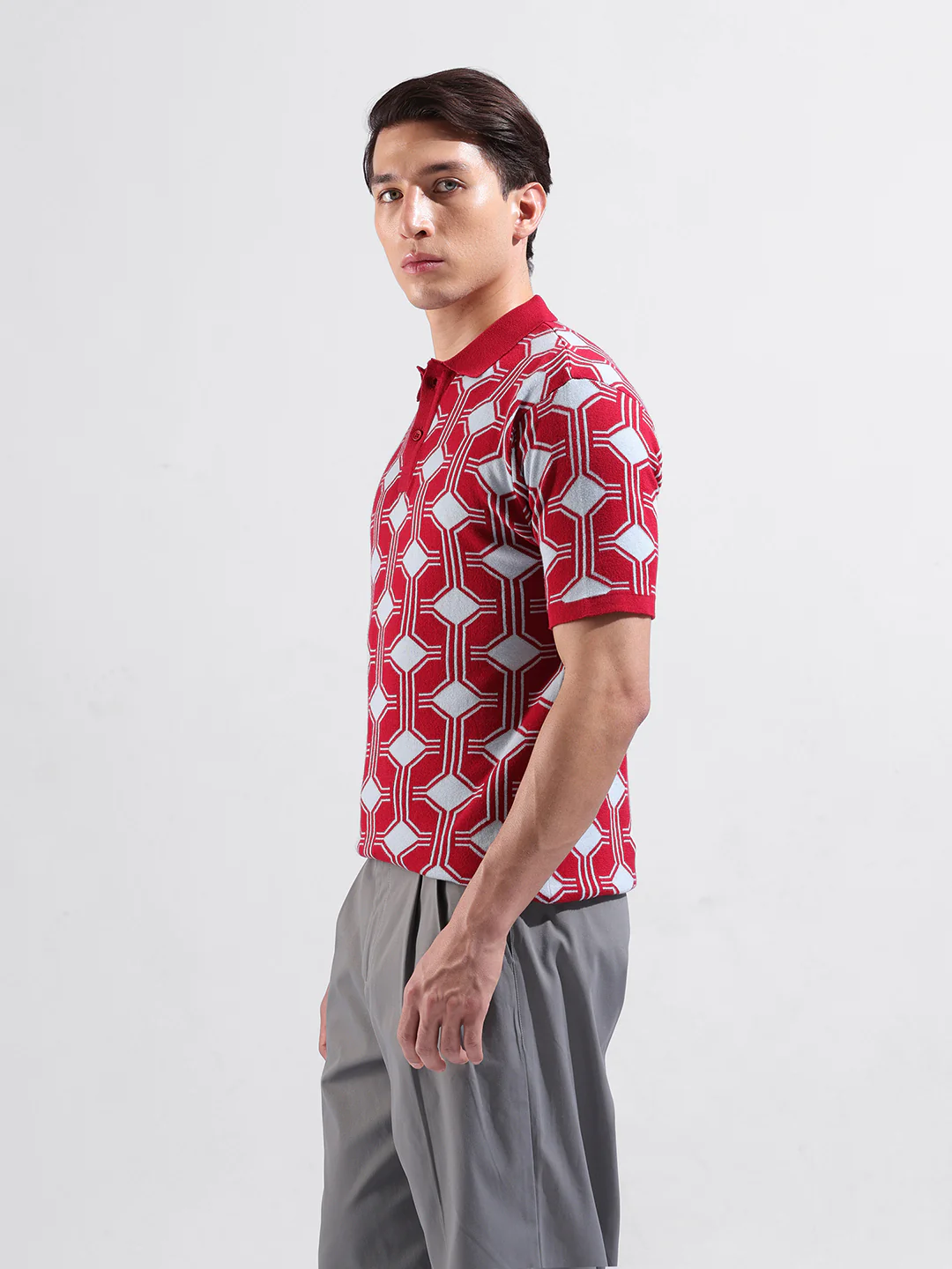 Men's Red Slim Fit Printed Flat Knit T-Shirt - Image 5