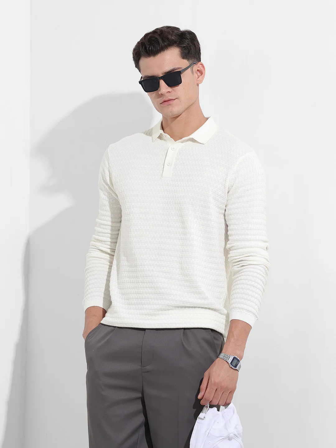 Men's White Slim Fit Solid Flat Knit T-Shirt - Image 2