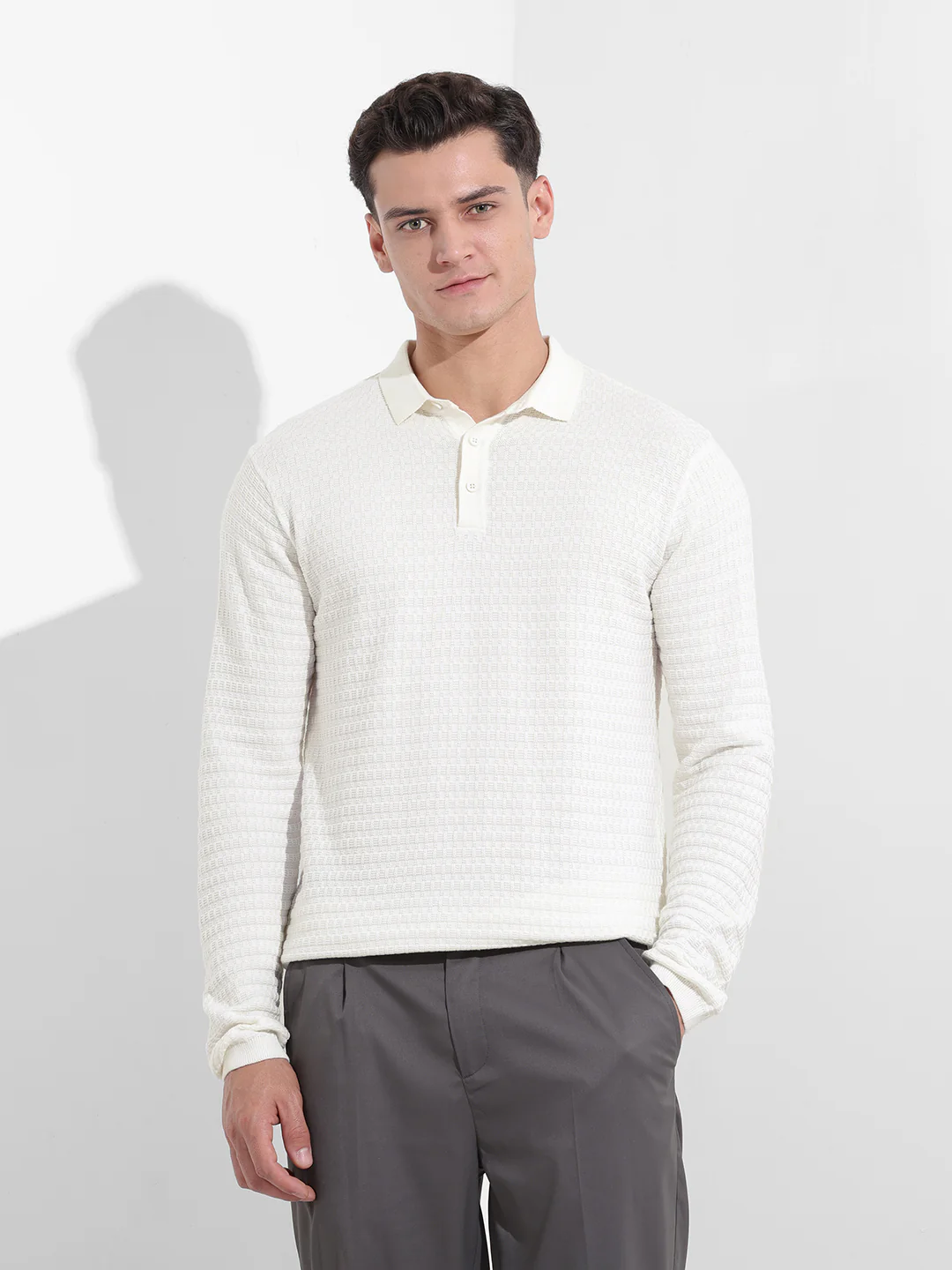 Men's White Slim Fit Solid Flat Knit T-Shirt - Image 8
