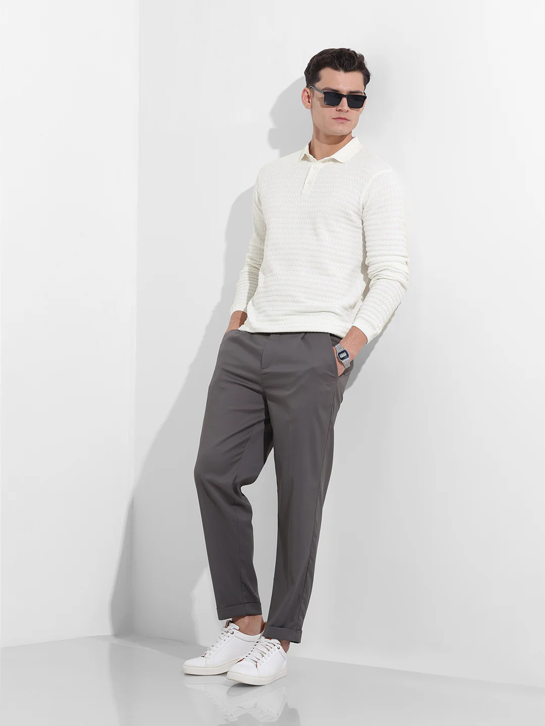 Men's White Slim Fit Solid Flat Knit T-Shirt - Image 9