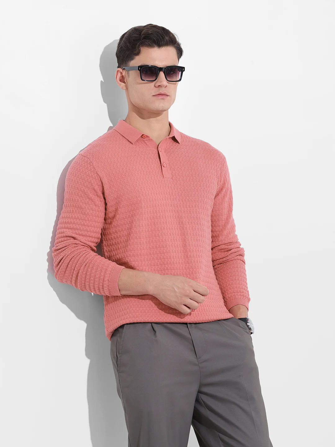 Men's Pink Slim Fit Striped Flat Knit T-Shirt - Image 2