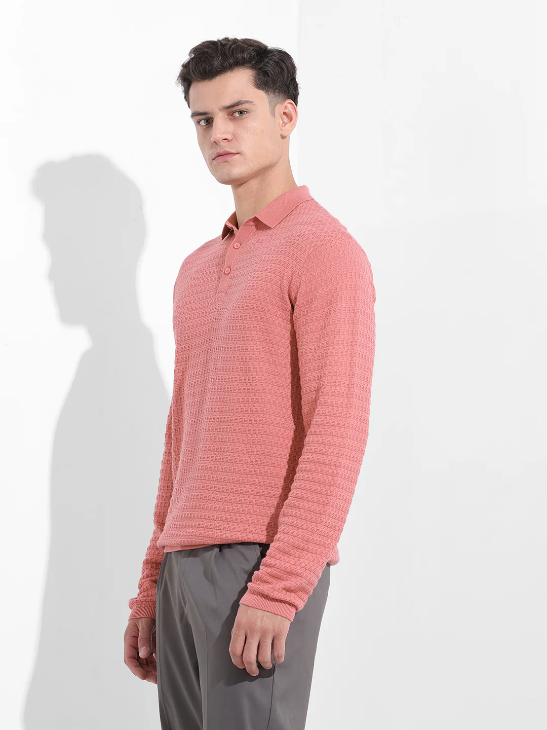 Men's Pink Slim Fit Striped Flat Knit T-Shirt - Image 4