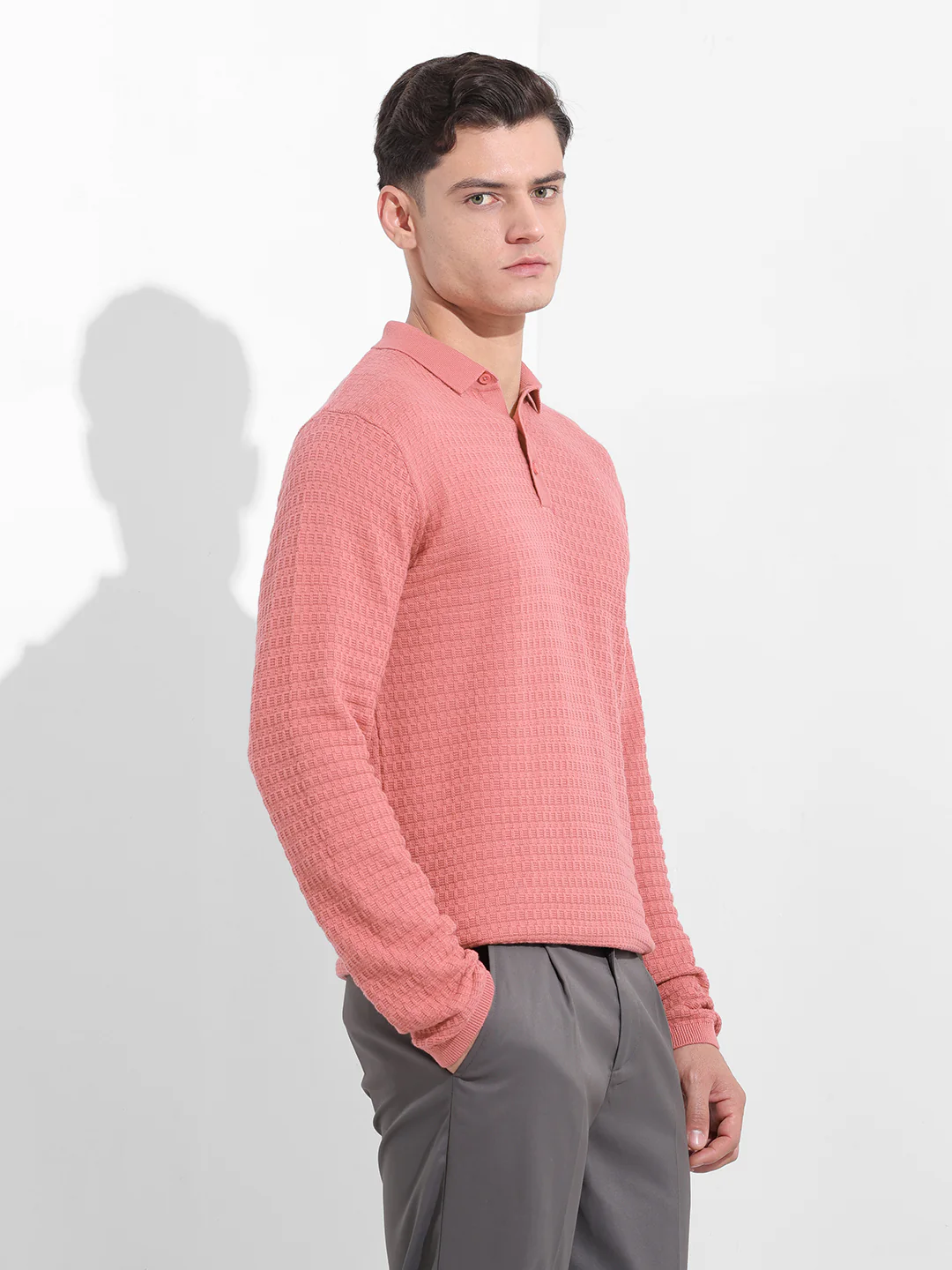 Men's Pink Slim Fit Striped Flat Knit T-Shirt - Image 5
