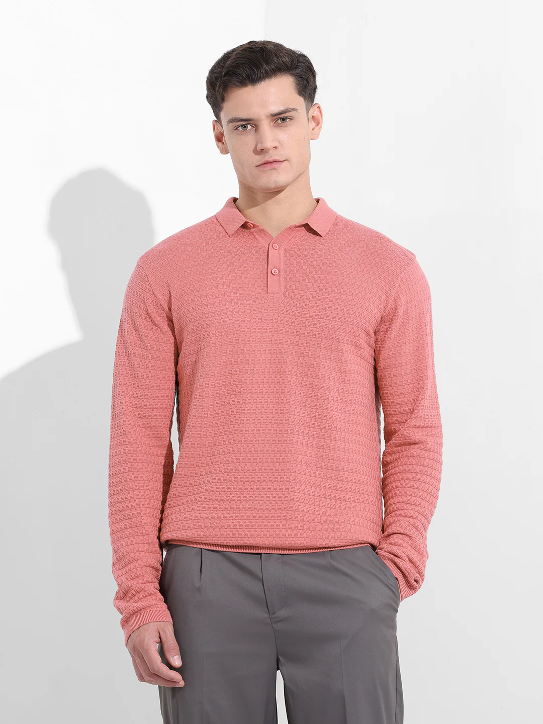 Men's Pink Slim Fit Striped Flat Knit T-Shirt - Image 8