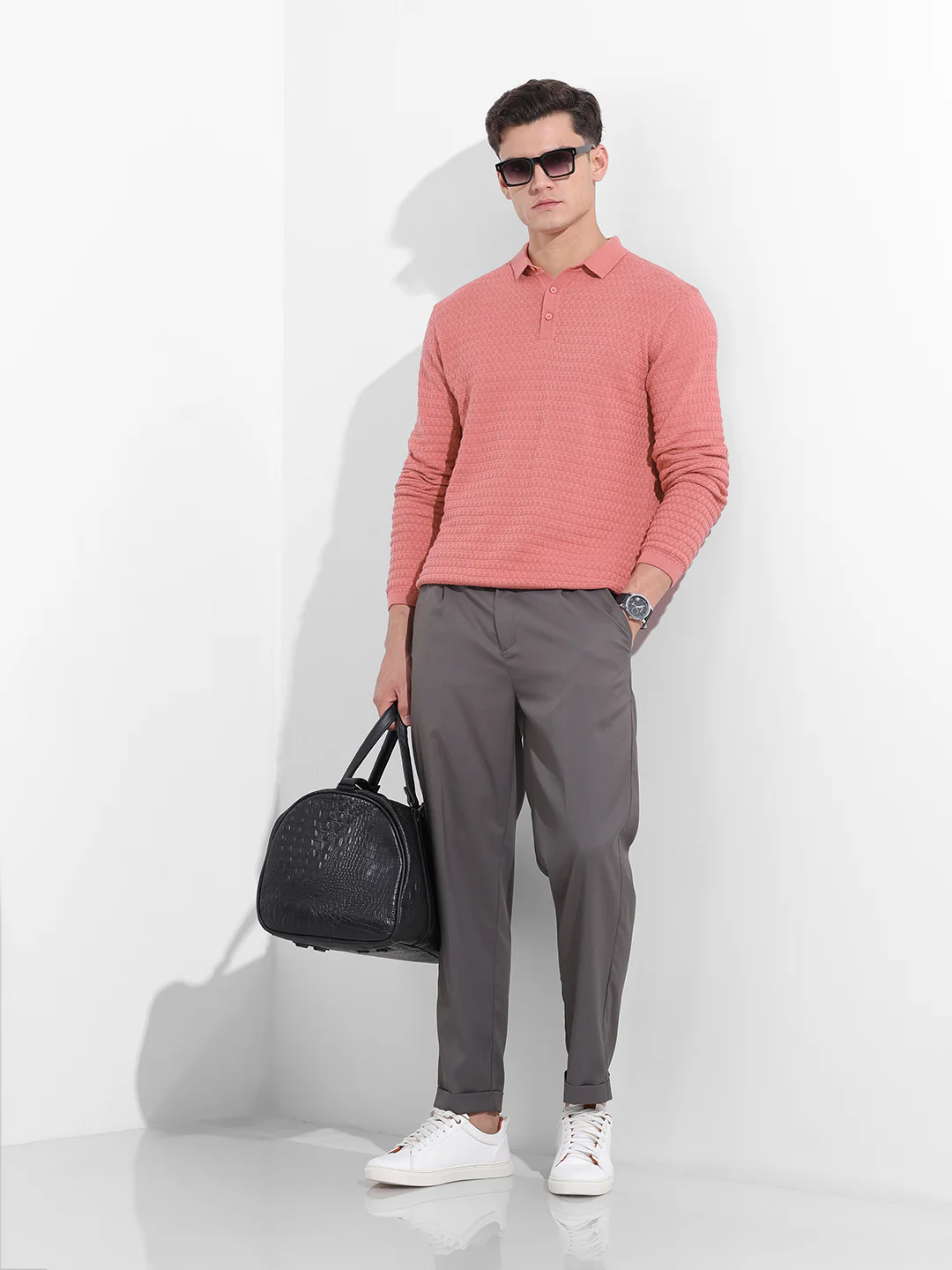 Men's Pink Slim Fit Striped Flat Knit T-Shirt - Image 9