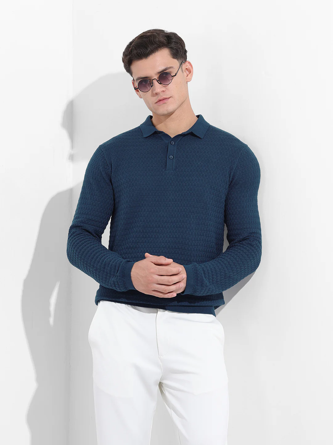 Men's Blue Slim Fit Striped Flat Knit T-Shirt - Image 2