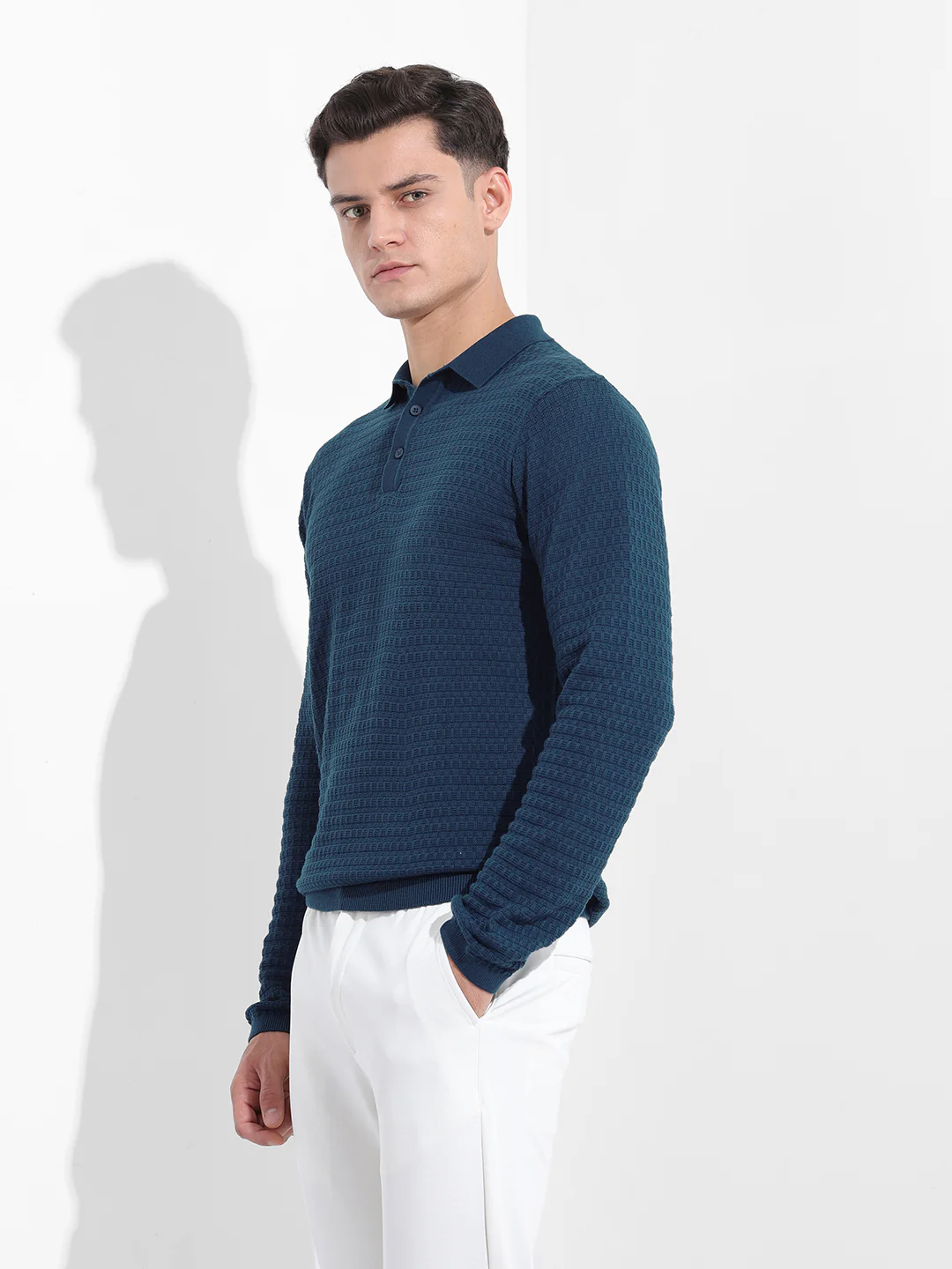 Men's Blue Slim Fit Striped Flat Knit T-Shirt - Image 4