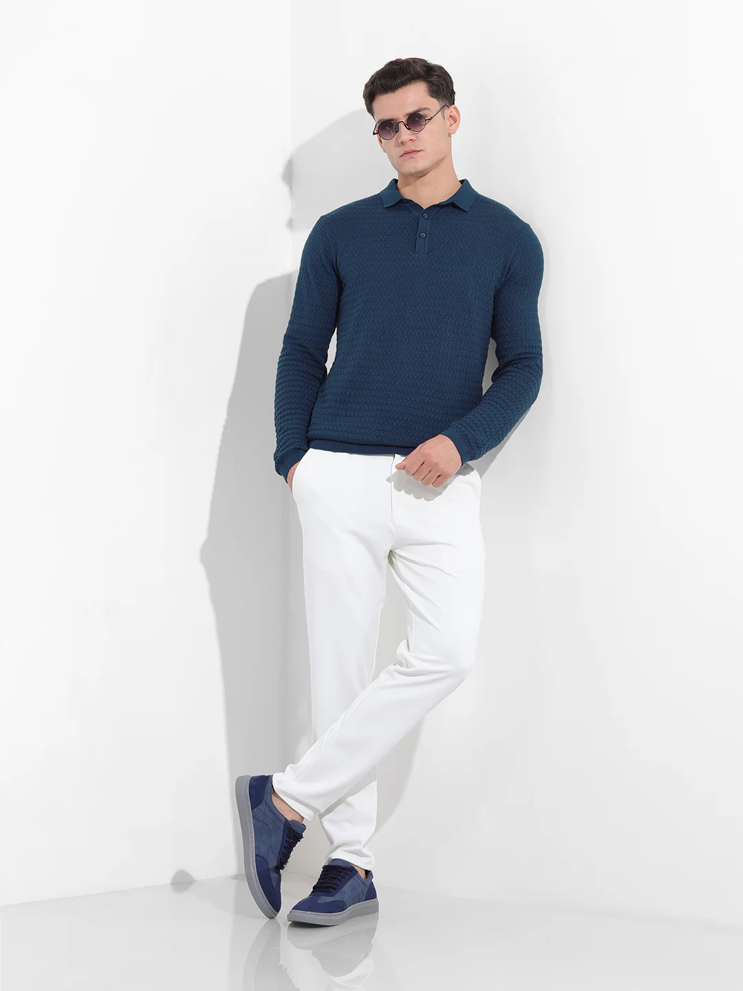 Men's Blue Slim Fit Striped Flat Knit T-Shirt - Image 9