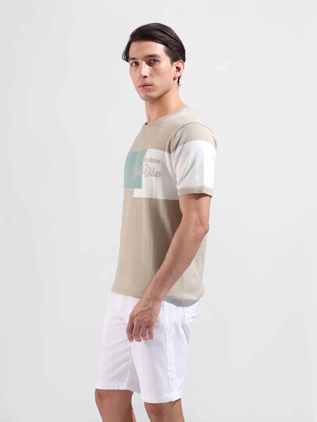 Men's Khaki Slim Fit Colourblocked Flat Knit Crew Neck T-Shirt - Image 4