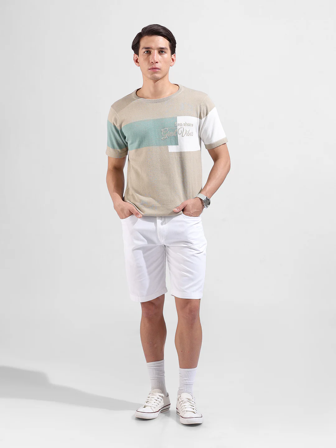 Men's Khaki Slim Fit Colourblocked Flat Knit Crew Neck T-Shirt - Image 5