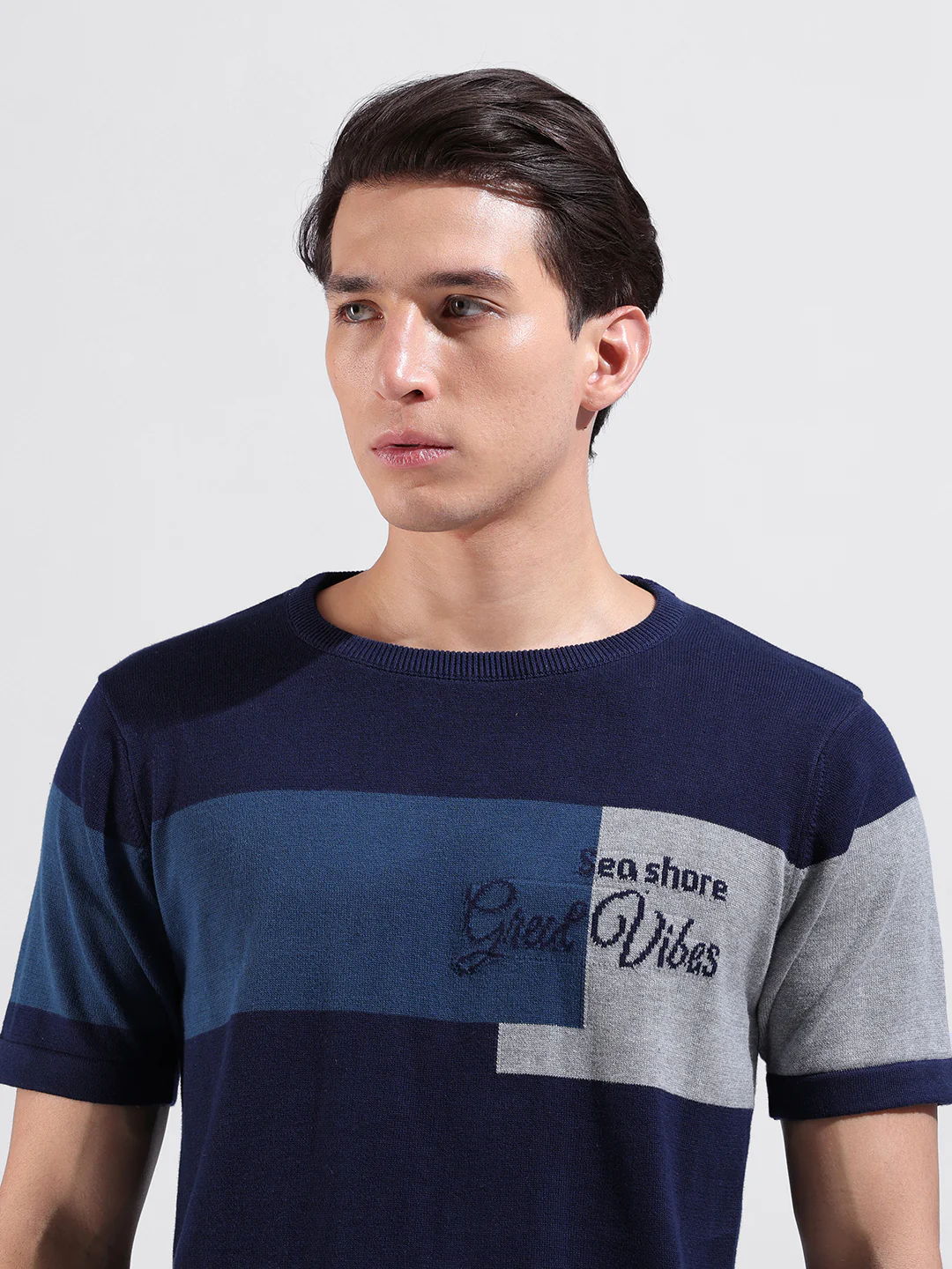 Men's Blue Slim Fit Colourblocked Flat Knit Crew Neck T-Shirt - Image 6