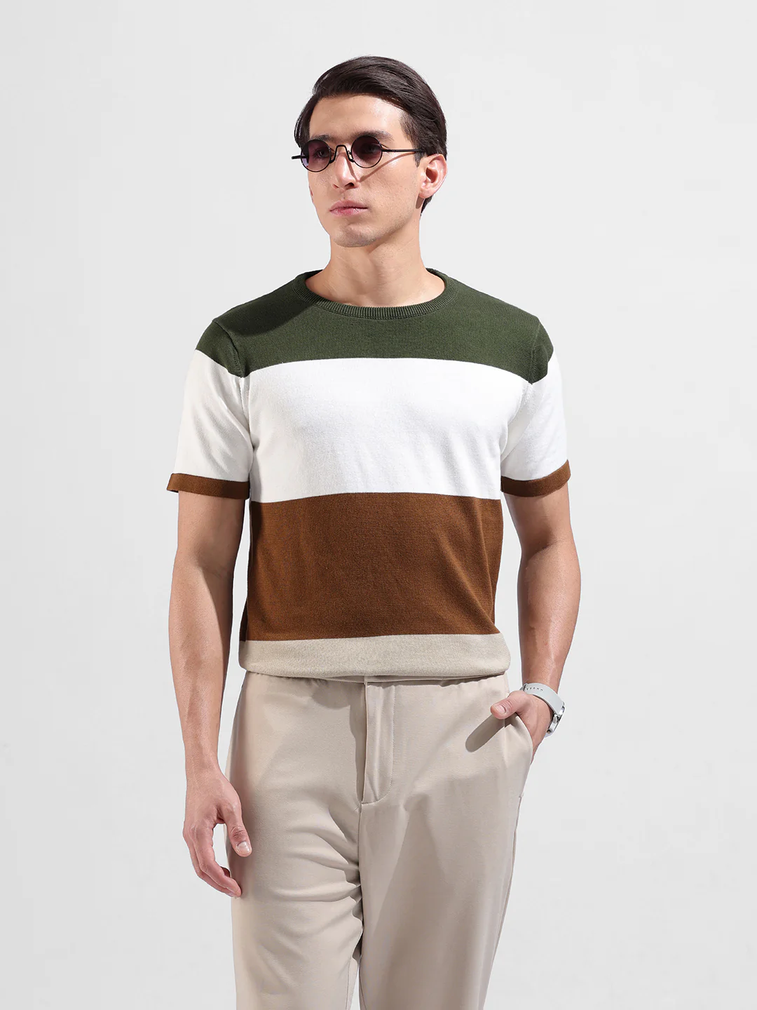 Men's Beige Slim Fit Colourblocked Flat Knit Crew Neck T-Shirt - Image 2