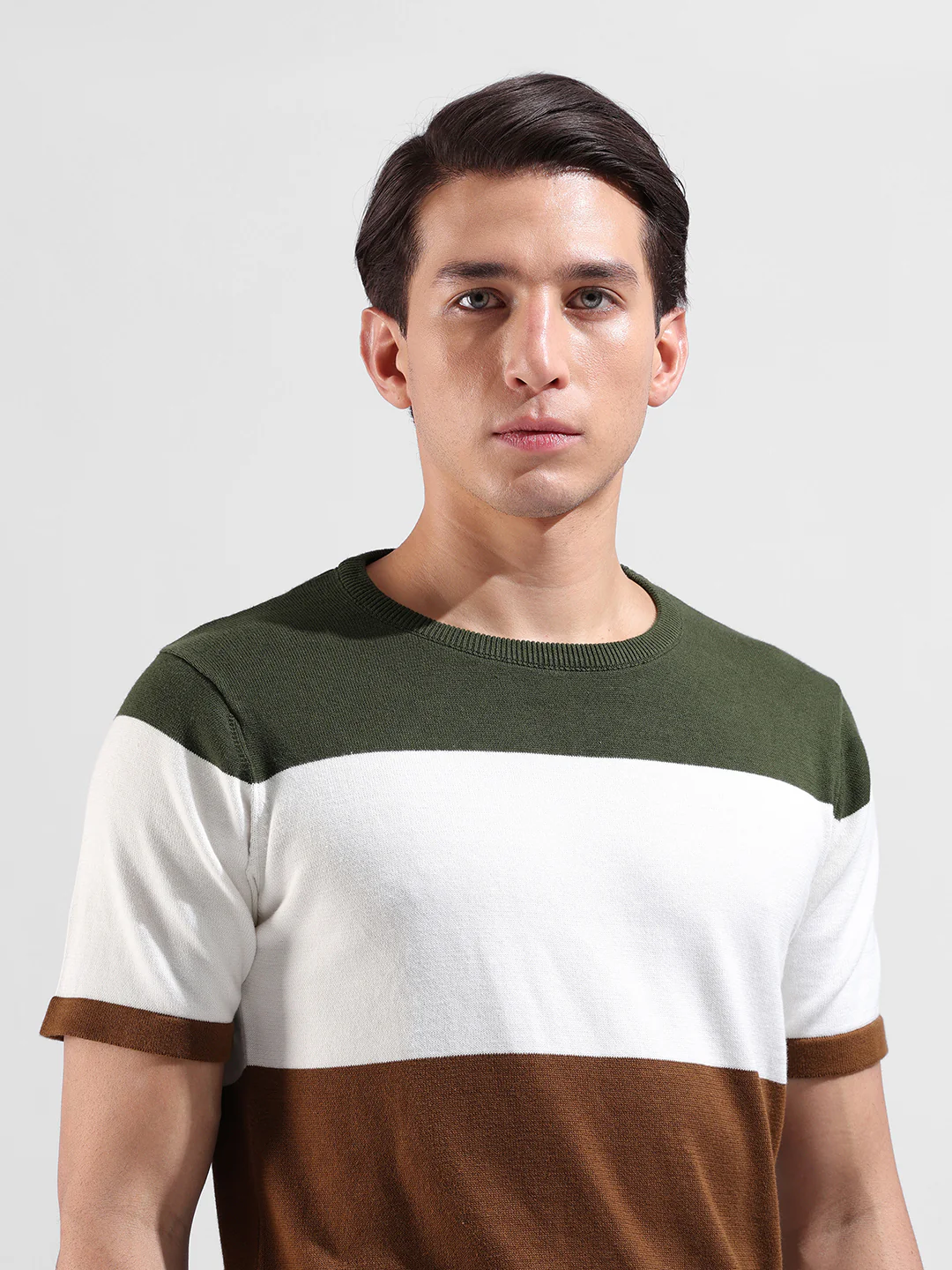 Men's Beige Slim Fit Colourblocked Flat Knit Crew Neck T-Shirt - Image 3