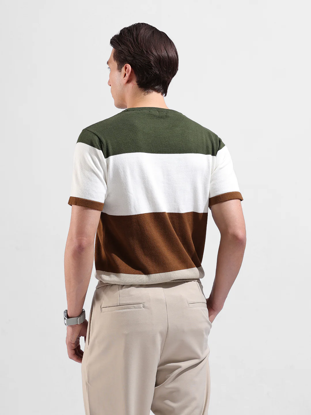 Men's Beige Slim Fit Colourblocked Flat Knit Crew Neck T-Shirt - Image 4
