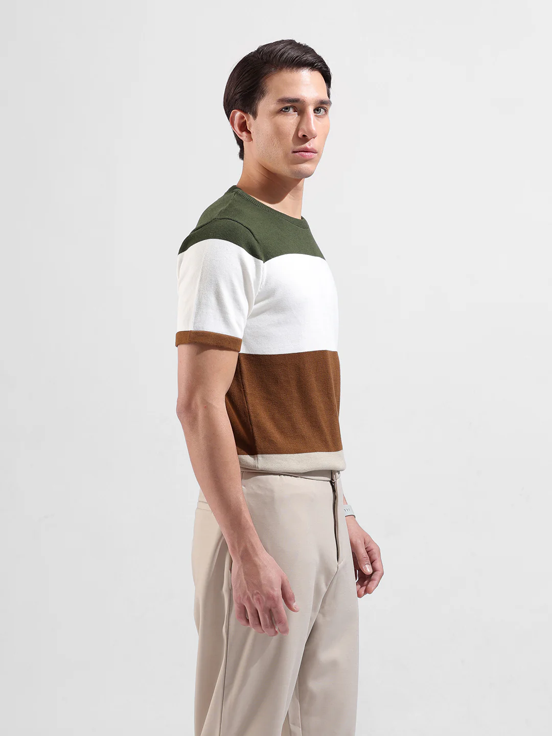 Men's Beige Slim Fit Colourblocked Flat Knit Crew Neck T-Shirt - Image 5