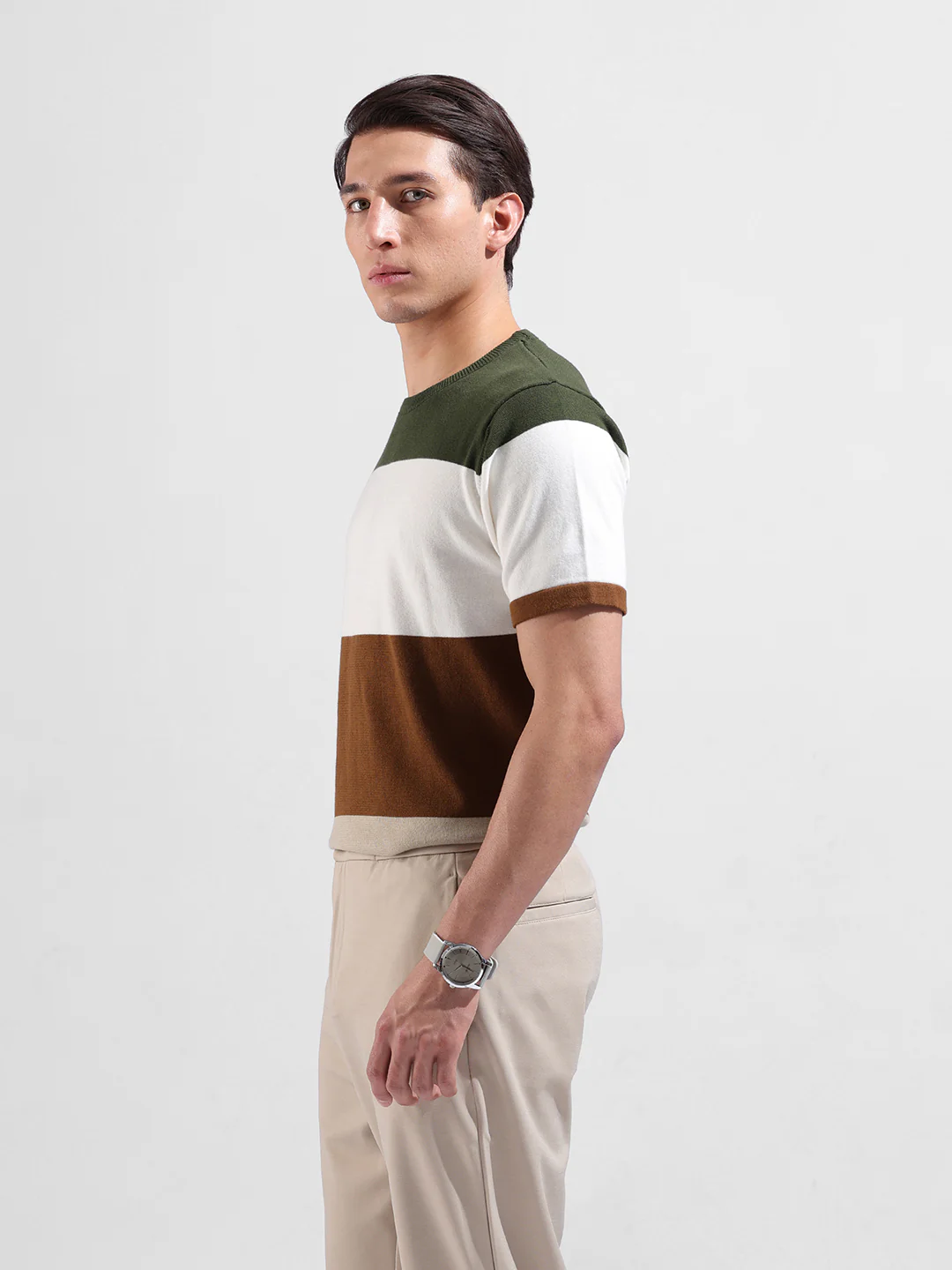 Men's Beige Slim Fit Colourblocked Flat Knit Crew Neck T-Shirt - Image 6