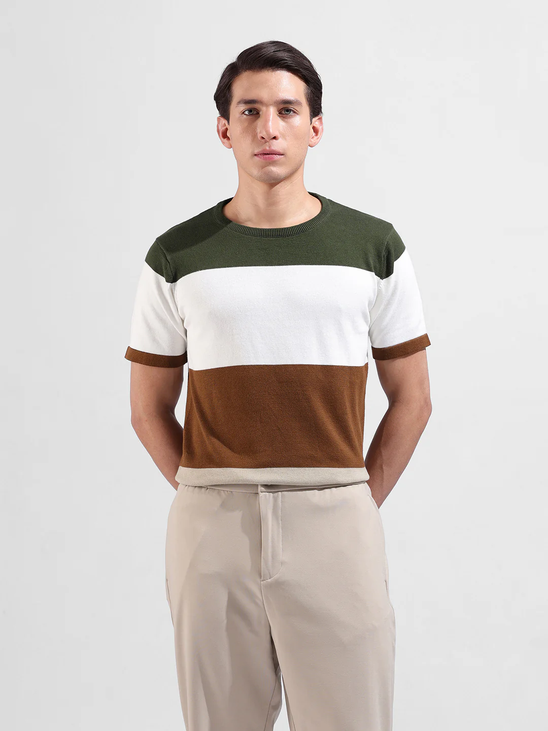Men's Beige Slim Fit Colourblocked Flat Knit Crew Neck T-Shirt - Image 7