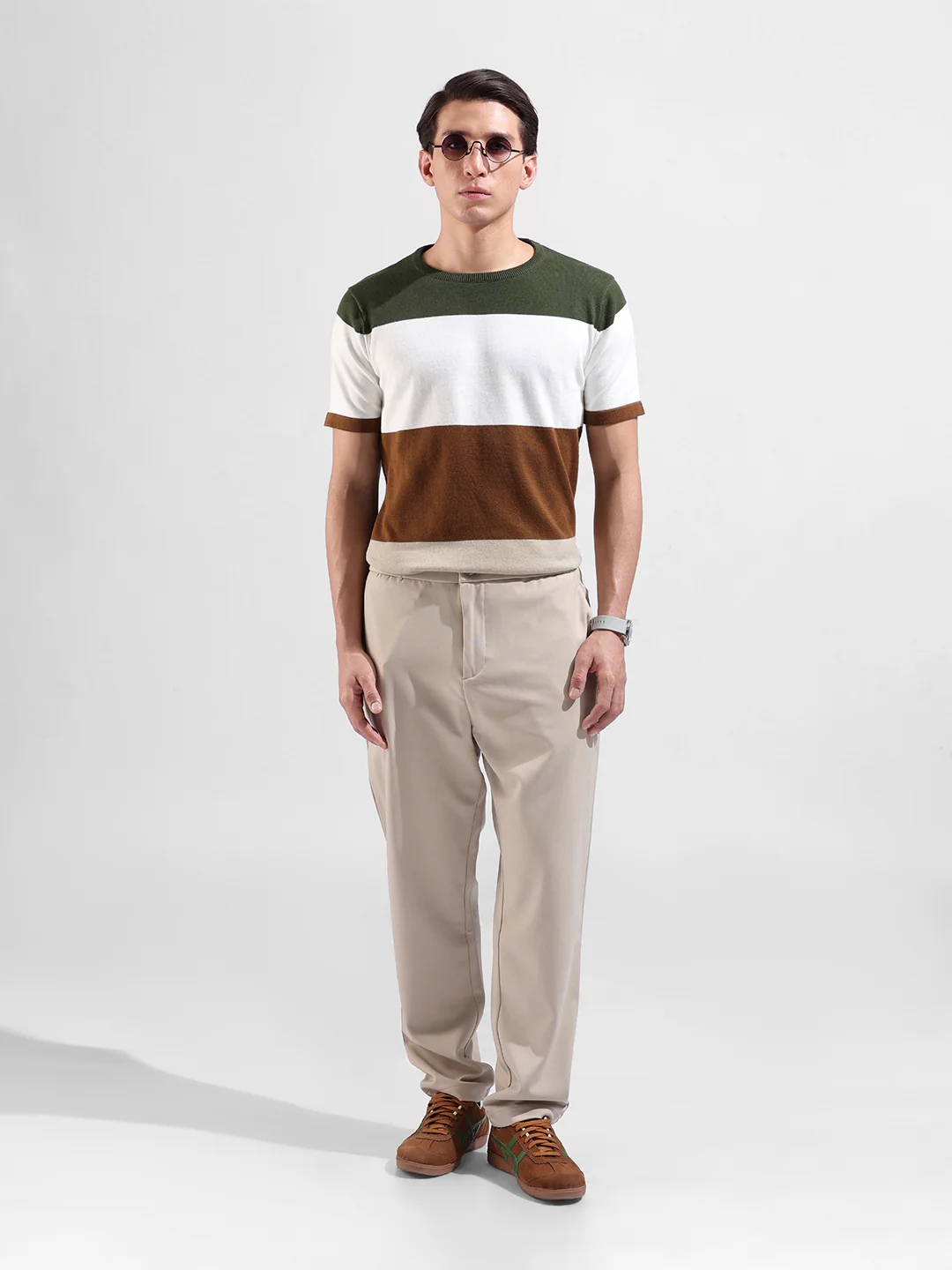 Men's Beige Slim Fit Colourblocked Flat Knit Crew Neck T-Shirt - Image 8