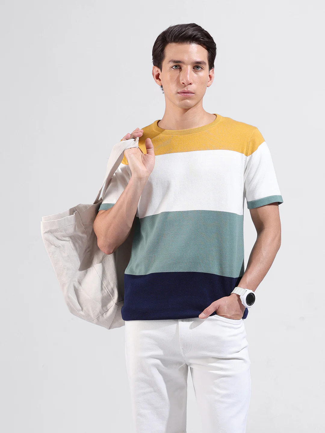 Men's Multicolor Slim Fit Colourblocked Flat Knit Crew Neck T-Shirt - Image 2