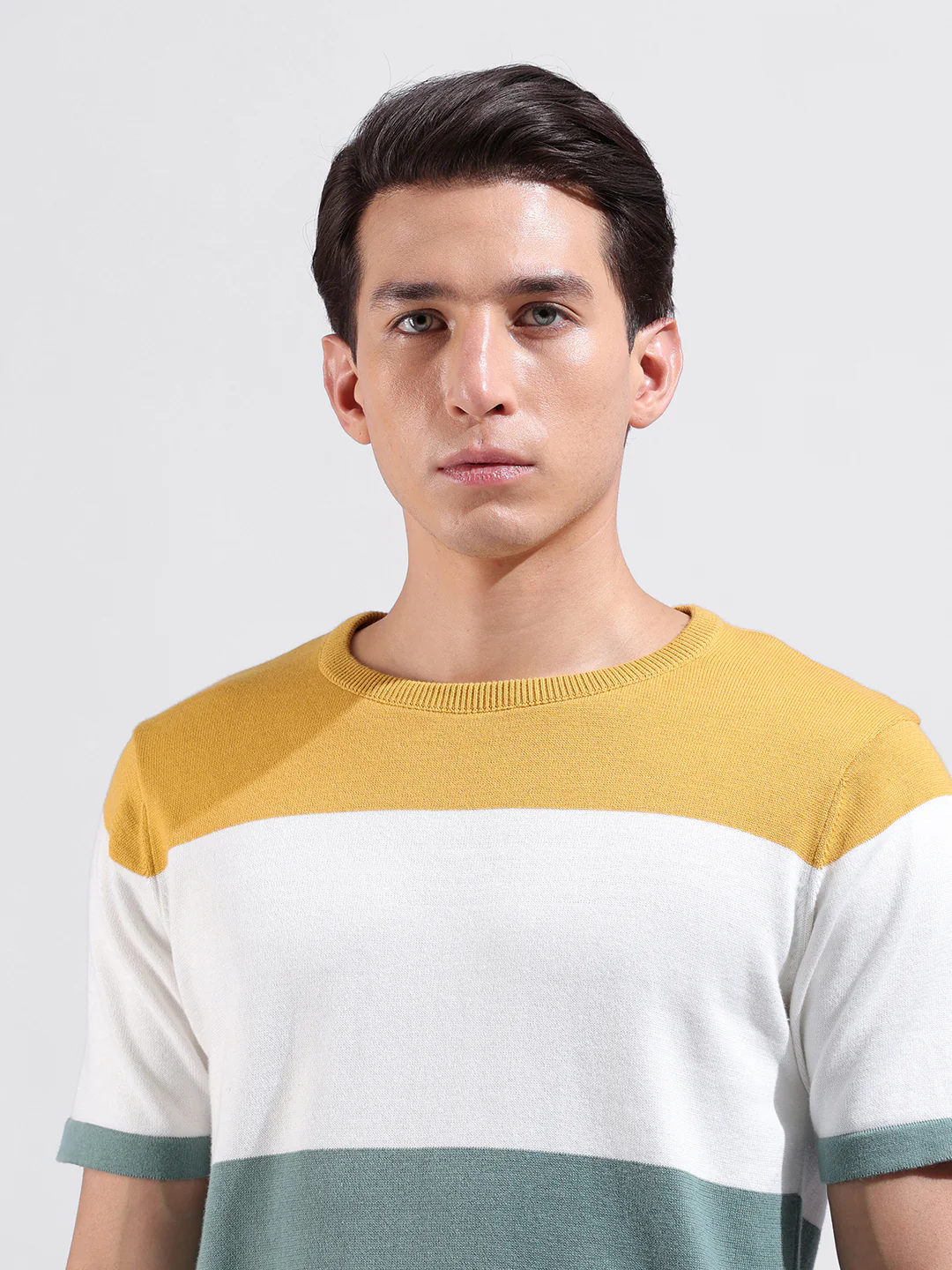 Men's Multicolor Slim Fit Colourblocked Flat Knit Crew Neck T-Shirt - Image 3