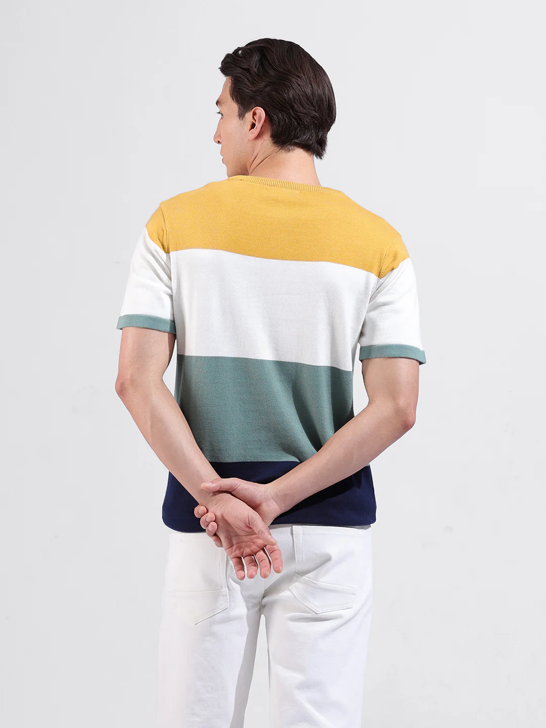 Men's Multicolor Slim Fit Colourblocked Flat Knit Crew Neck T-Shirt - Image 4