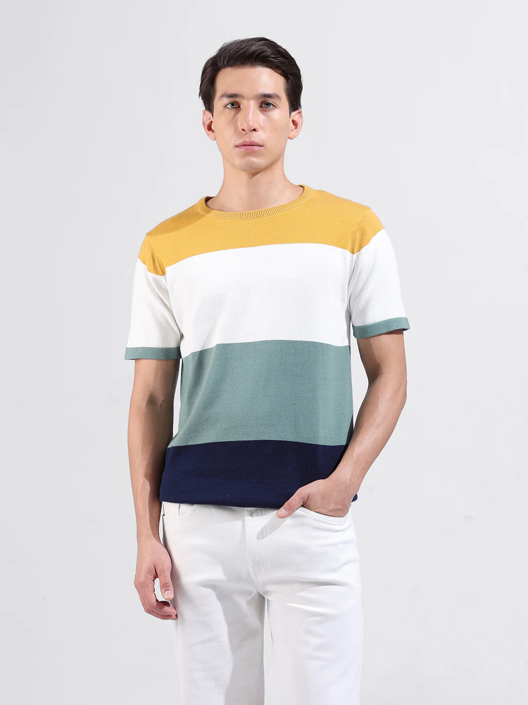 Men's Multicolor Slim Fit Colourblocked Flat Knit Crew Neck T-Shirt - Image 5