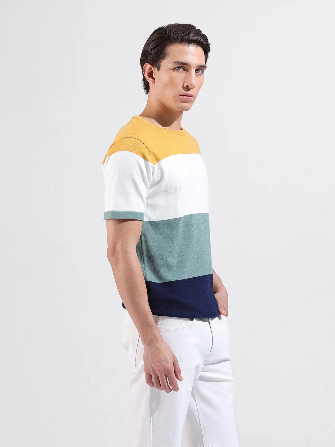 Men's Multicolor Slim Fit Colourblocked Flat Knit Crew Neck T-Shirt - Image 6
