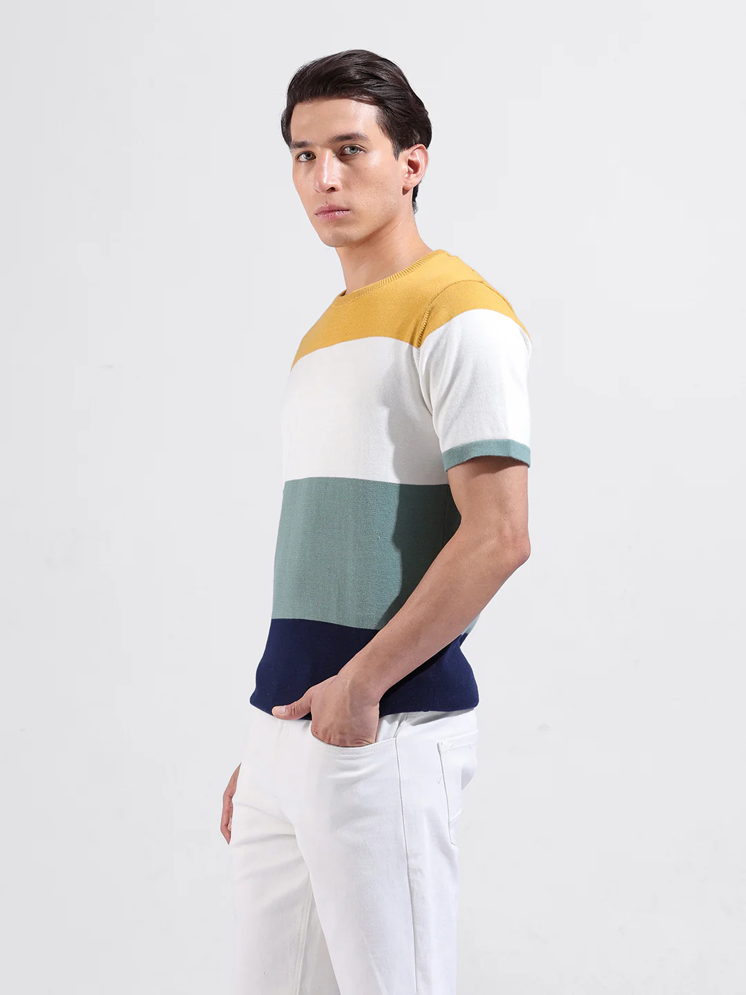 Men's Multicolor Slim Fit Colourblocked Flat Knit Crew Neck T-Shirt - Image 7