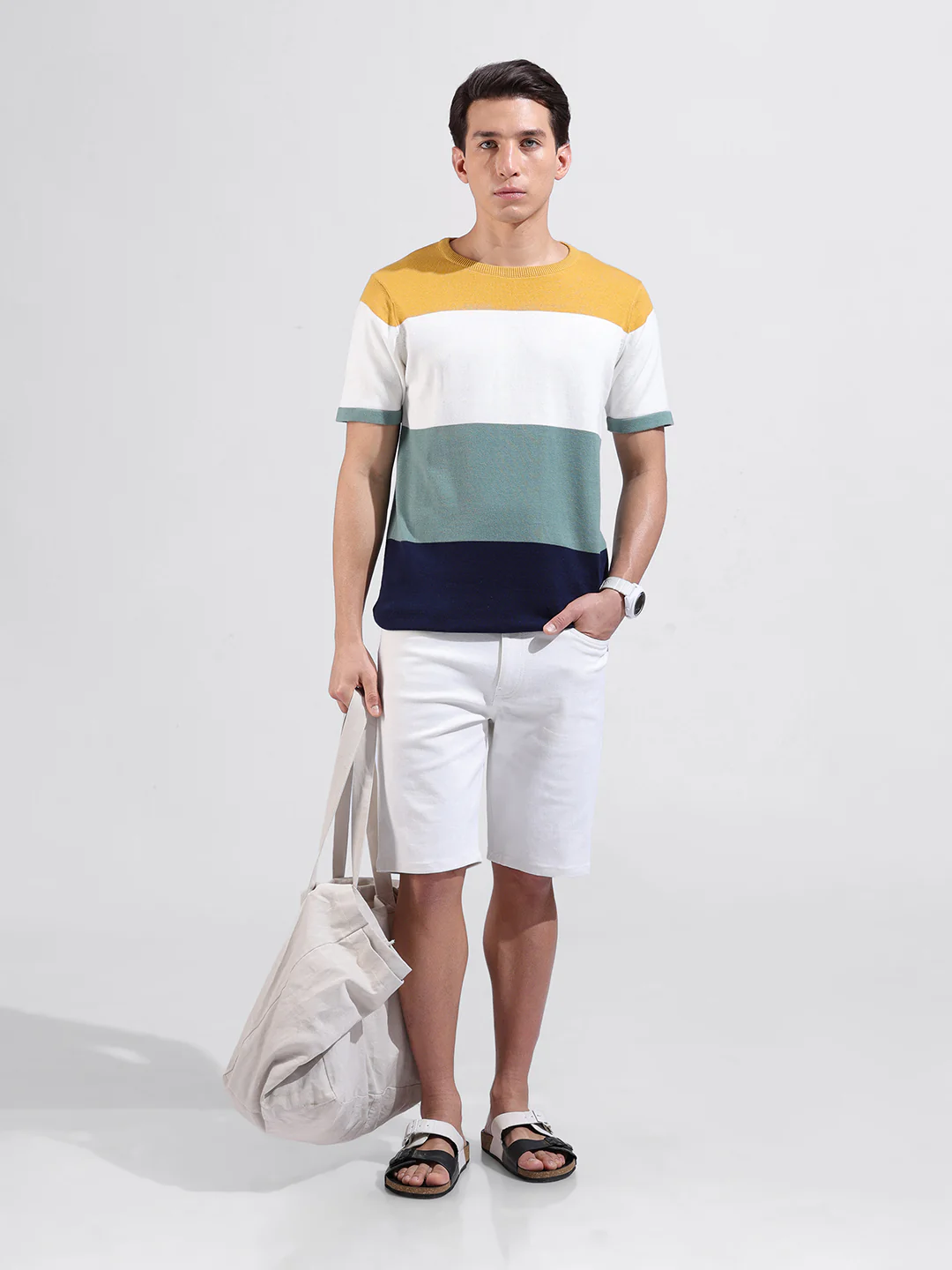 Men's Multicolor Slim Fit Colourblocked Flat Knit Crew Neck T-Shirt - Image 8